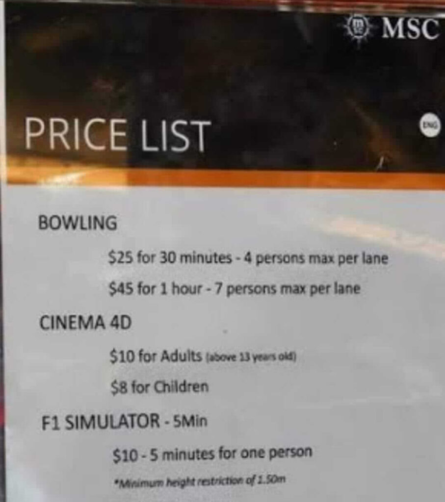 attractions price list on msc