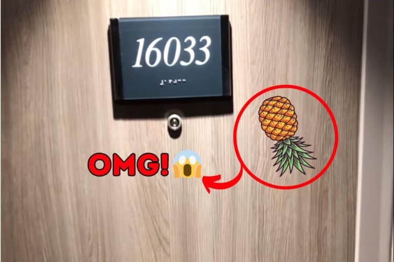 upside down pineapple on the door of a cruise cabin