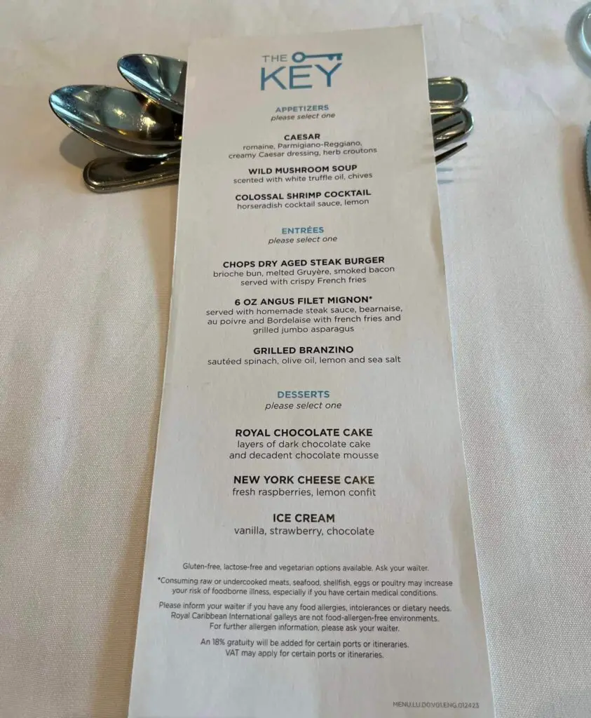 The Key lunch menu