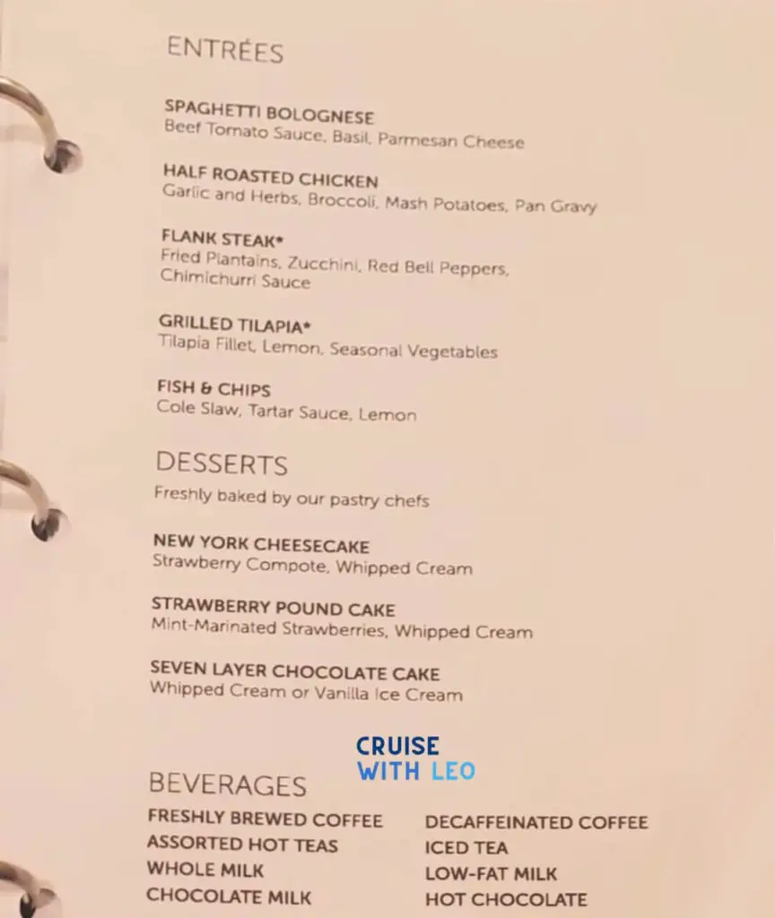 Norwegian entrees and desserts room service menu