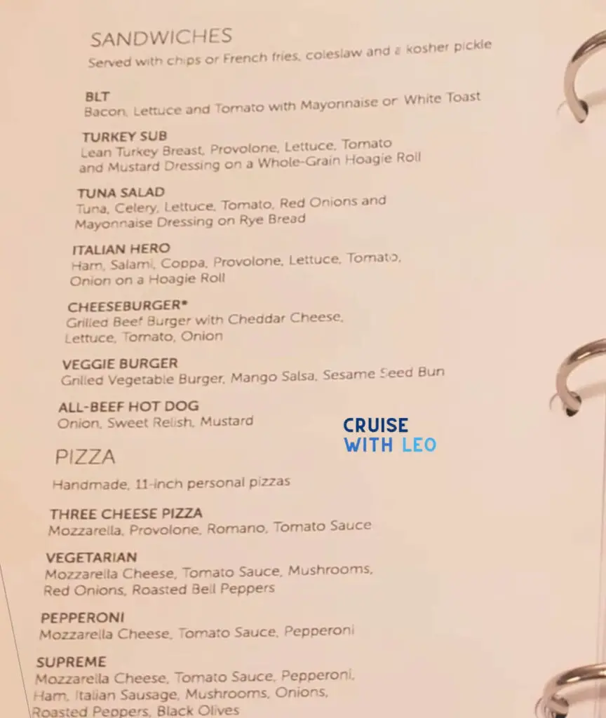 Sandwiches and pizza room service menu