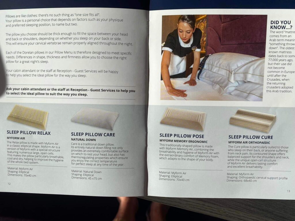 Pillow menu on a cruise