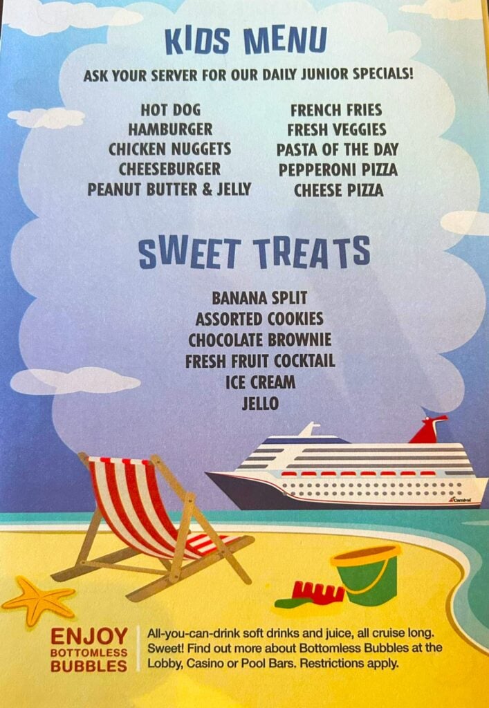 Kids menu on Carnival