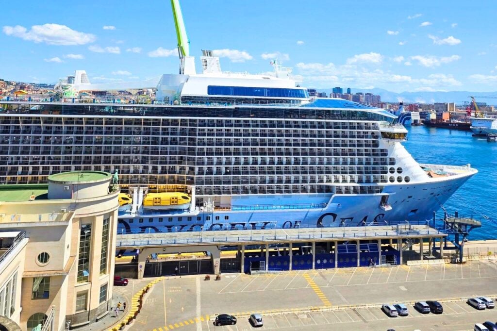 Large cruise ship docked in port