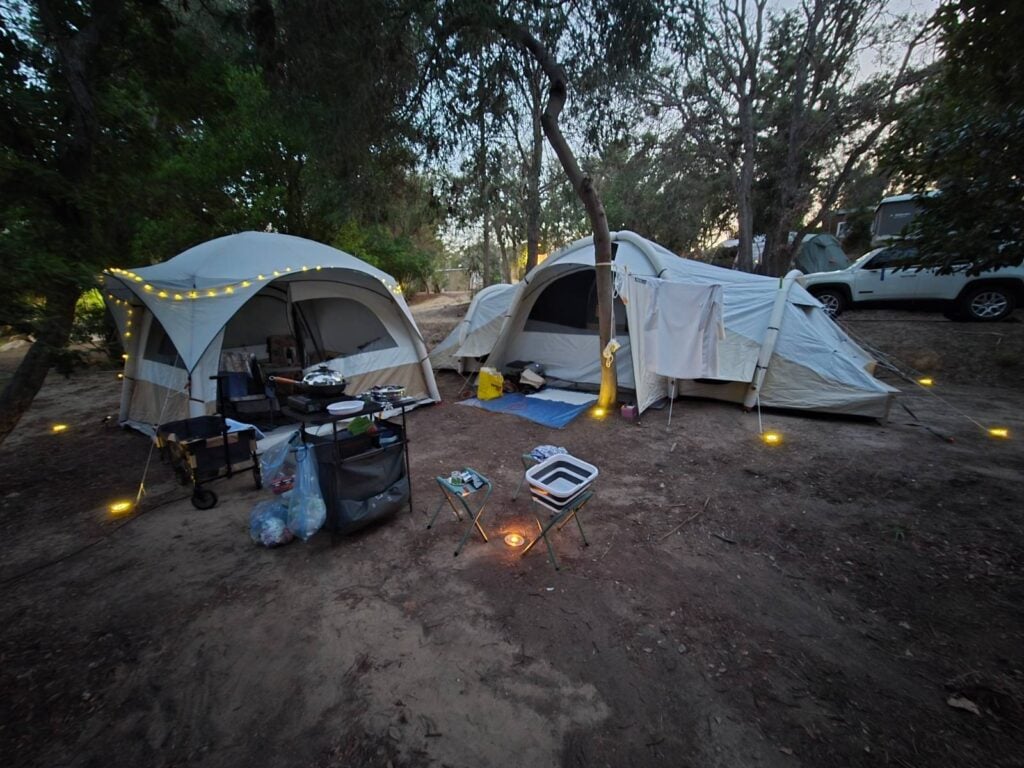 camping with tents at night