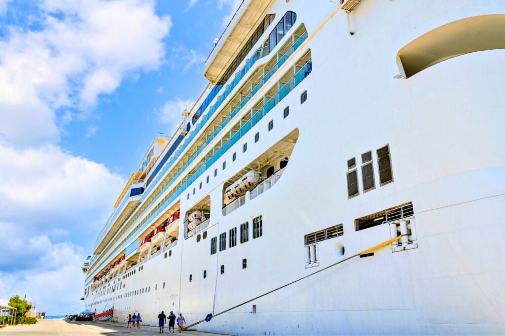 exterior of cruise ship docked in port